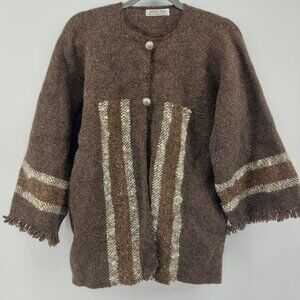 Heirloom Weavers Wool Bohemian Fringe Cardigan Sweater Brown Size Medium